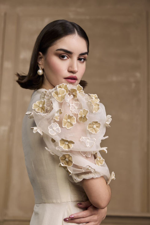 Rose ivory and gold pleated embroidered flounce dress