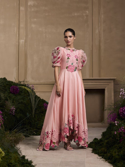 Rose pink embroidered flounce dress