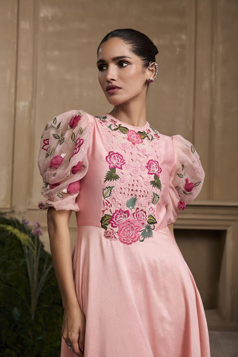 Rose pink embroidered flounce dress