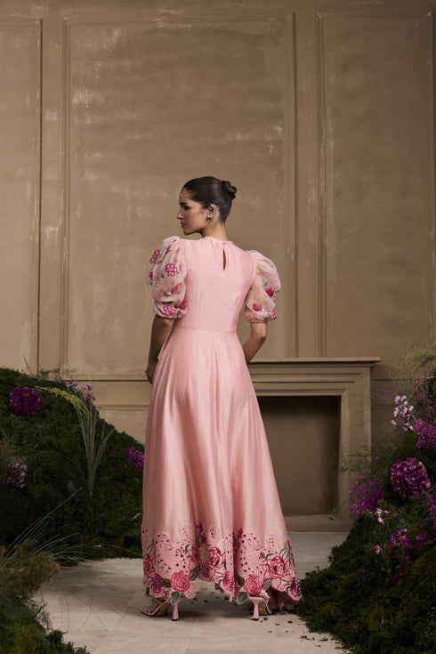 Rose pink embroidered flounce dress