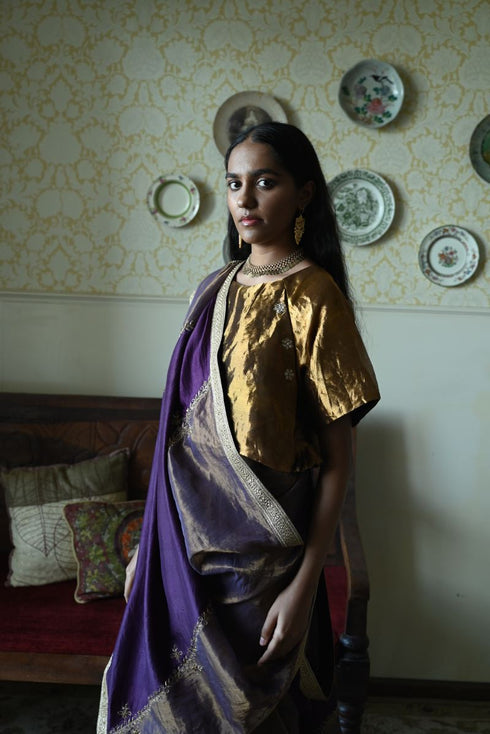 Roshnee charulata gold tissue blouse