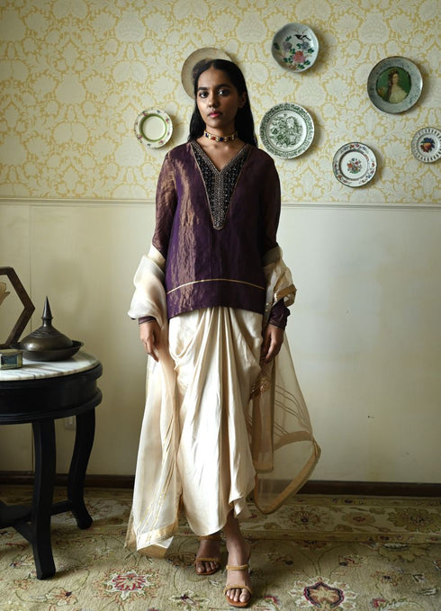 Roshnee purple shabana kurta with red cowl skirt