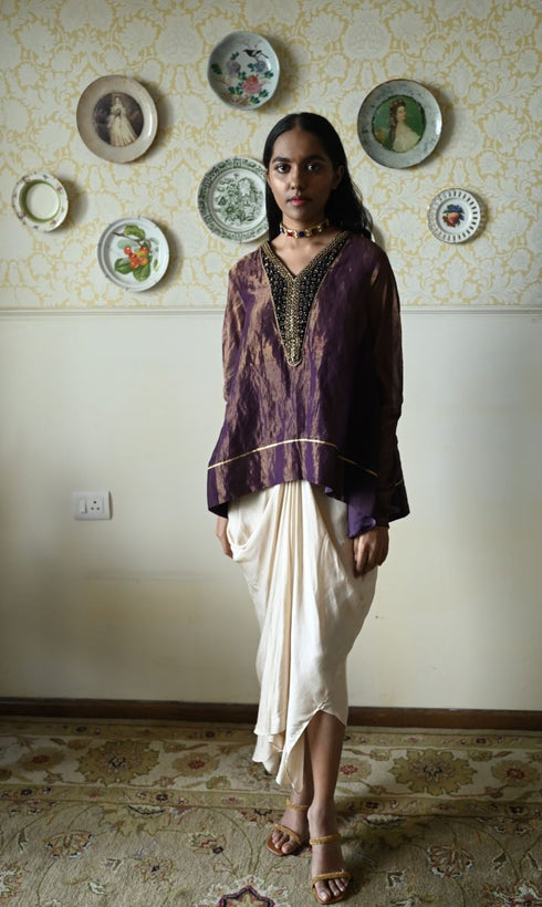 Roshnee purple shabana kurta with red cowl skirt