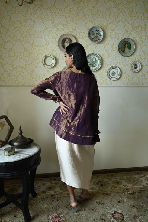 Roshnee purple shabana kurta with red cowl skirt
