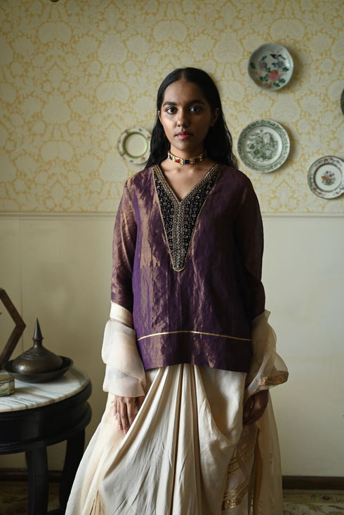 Roshnee purple shabana kurta with red cowl skirt