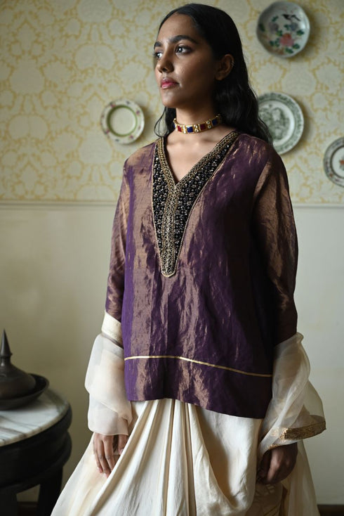 Roshnee purple shabana kurta with red cowl skirt