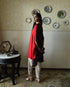 Roshnee red cape with beige dhoti pants