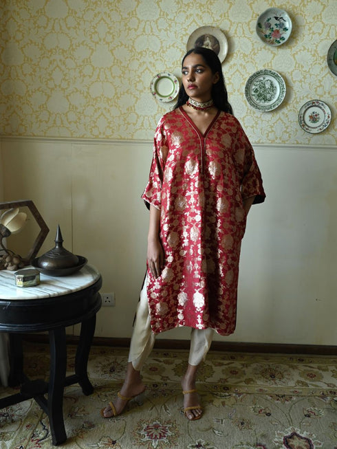 Roshnee red kaftan kurta with dhoti pants
