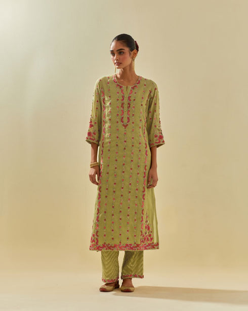 Rukmini green paneled kurta set