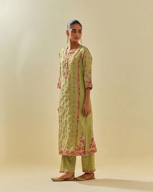 Rukmini green paneled kurta set