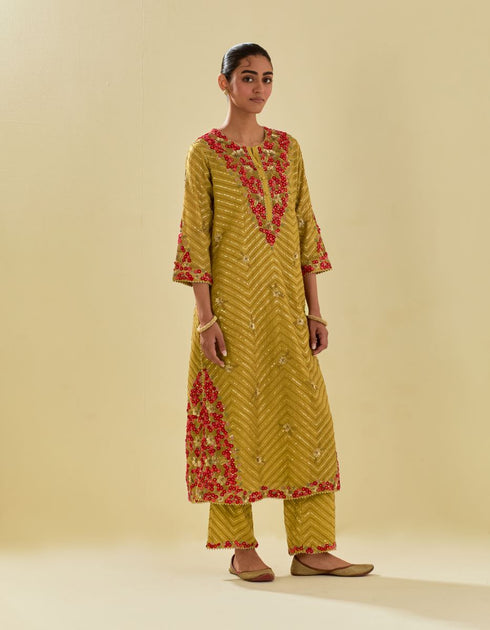 Rukmini yellow tissue chanderi kurta set