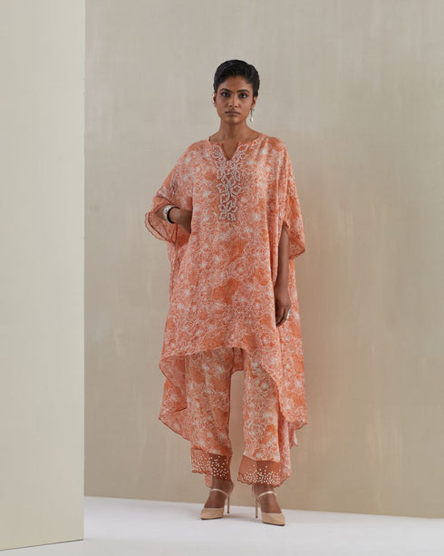 Rust crushed embroidered yoke kaftan set