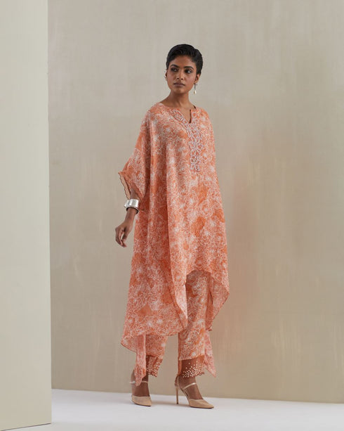 Rust crushed embroidered yoke kaftan set