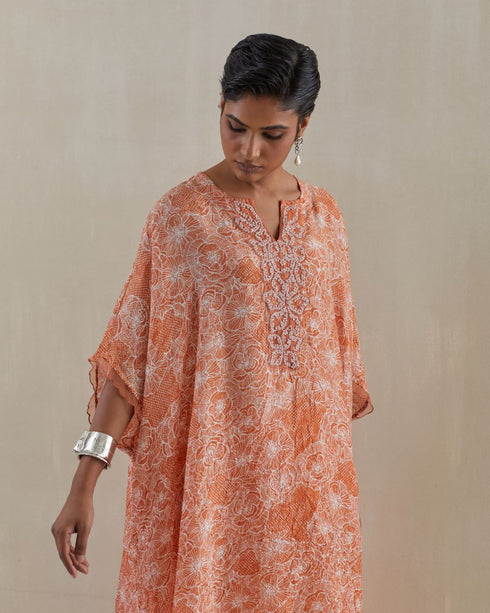 Rust crushed embroidered yoke kaftan set