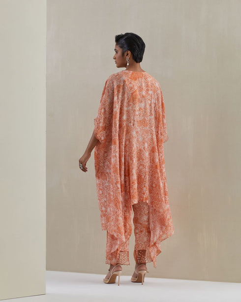 Rust crushed embroidered yoke kaftan set