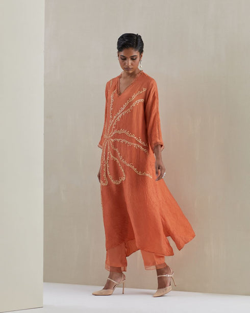 Rust crushed kurta set