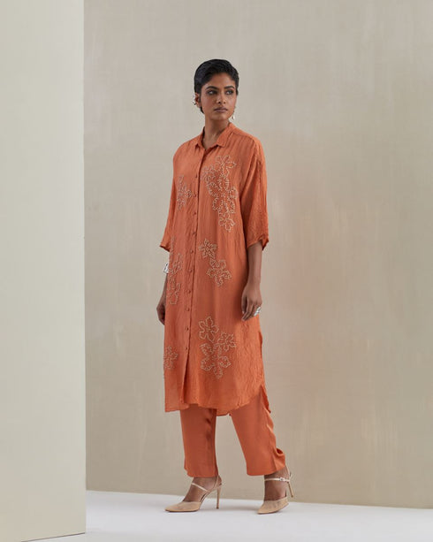 Rust crushed long shirt set