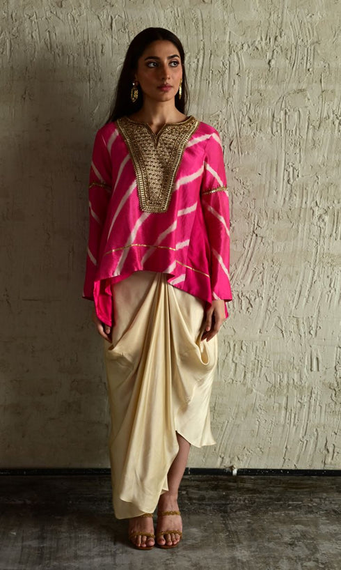 Shabana pink leheriya top with ivory cowl skirt