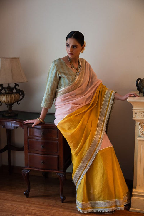 Shalimar Bagh pink and yellow Jhilmil sari