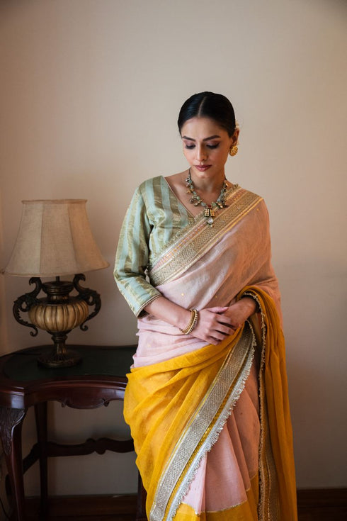 Shalimar Bagh pink and yellow Jhilmil sari