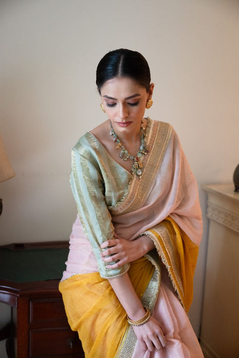 Shalimar Bagh pink and yellow Jhilmil sari
