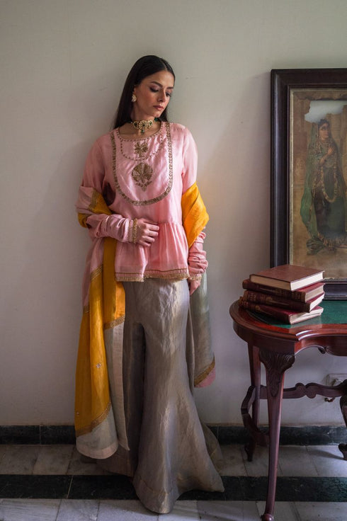 Shalimar Bagh pink nur kedia top with pista green gharara