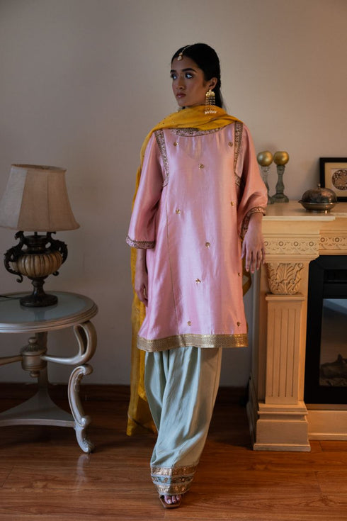 Shalimar Bagh pink sufi choga with pista green paki salwar
