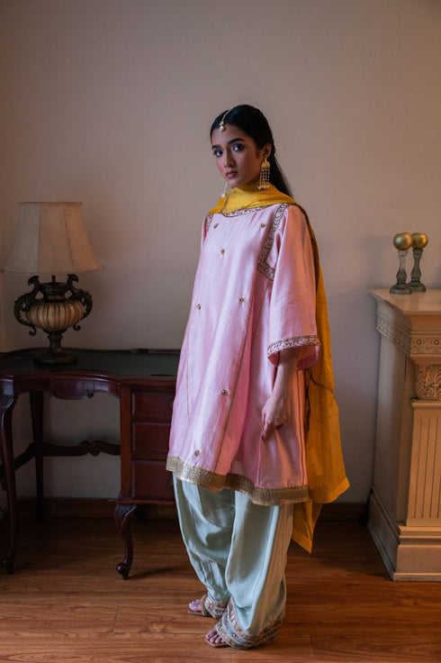 Shalimar Bagh pink sufi choga with pista green paki salwar