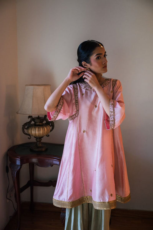 Shalimar Bagh pink sufi choga with pista green paki salwar