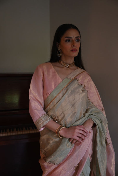 Shalimar Bagh pista green and pink chinar sari