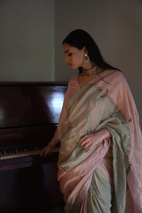Shalimar Bagh pista green and pink chinar sari