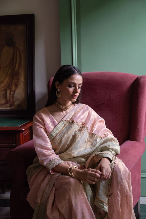Shalimar Bagh pista green and pink chinar sari
