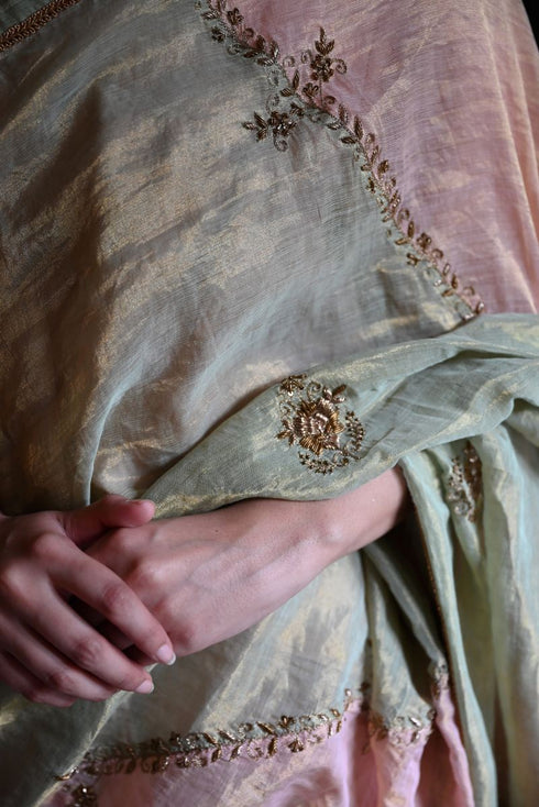 Shalimar Bagh pista green and pink chinar sari