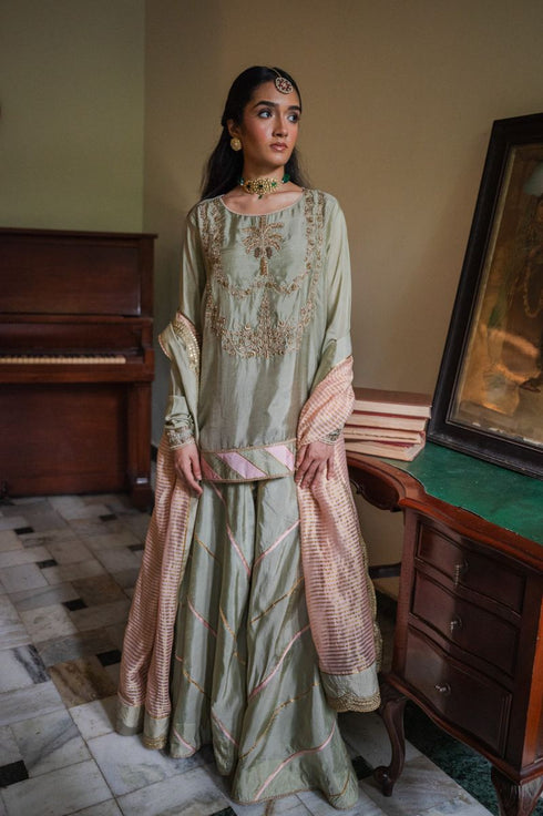 Shalimar Bagh pista green maala kurta with gharara