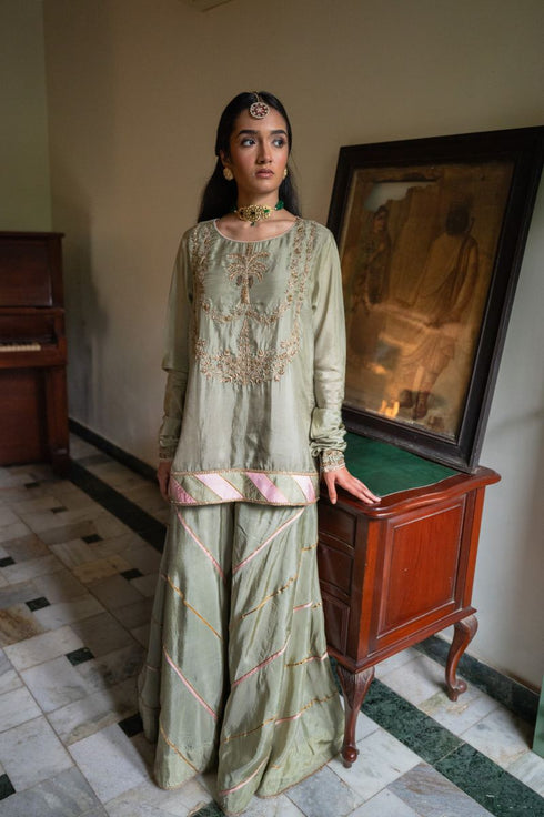 Shalimar Bagh pista green maala kurta with gharara