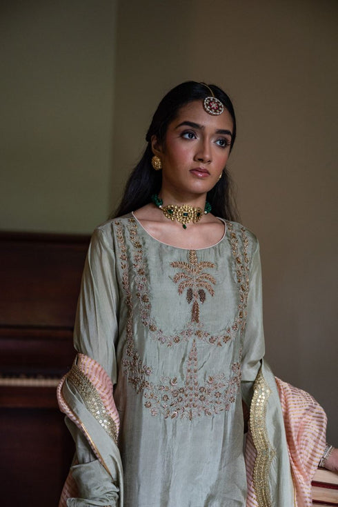 Shalimar Bagh pista green maala kurta with gharara