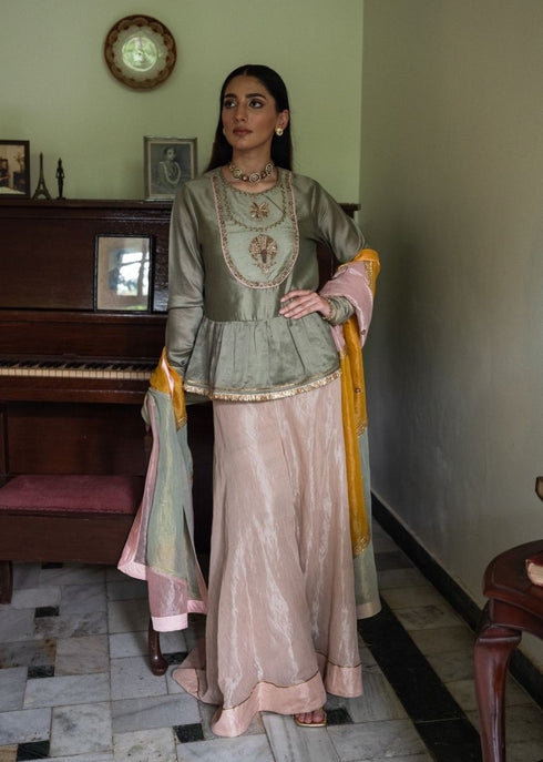 Shalimar Bagh pista green nur kedia top with pink gharara