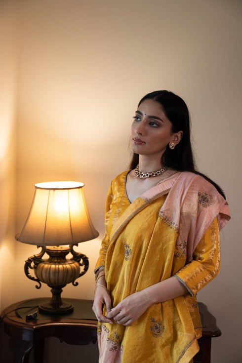 Shalimar Bagh yellow and pink chinar sari