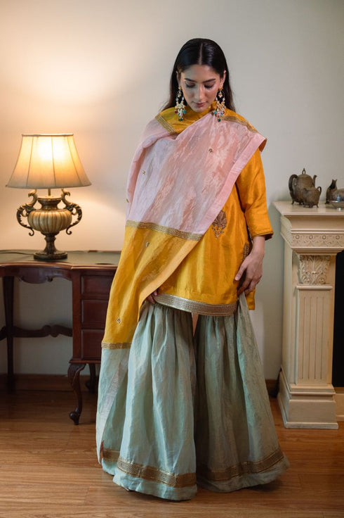 Shalimar Bagh yellow anisha kurta with pista green Sharara