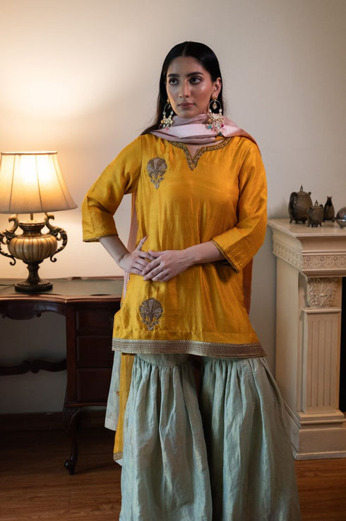 Shalimar Bagh yellow anisha kurta with pista green Sharara