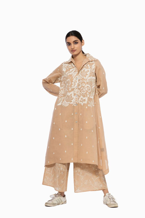 Shell thread embroidered handloom cotton tunic