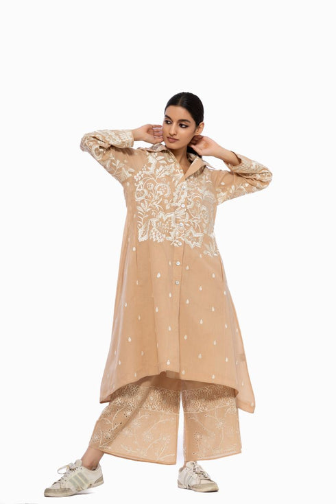 Shell thread embroidered handloom cotton tunic