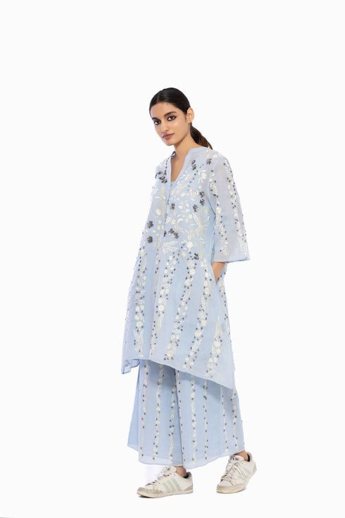 Sky blue thread embroidered handloom cotton tunic
