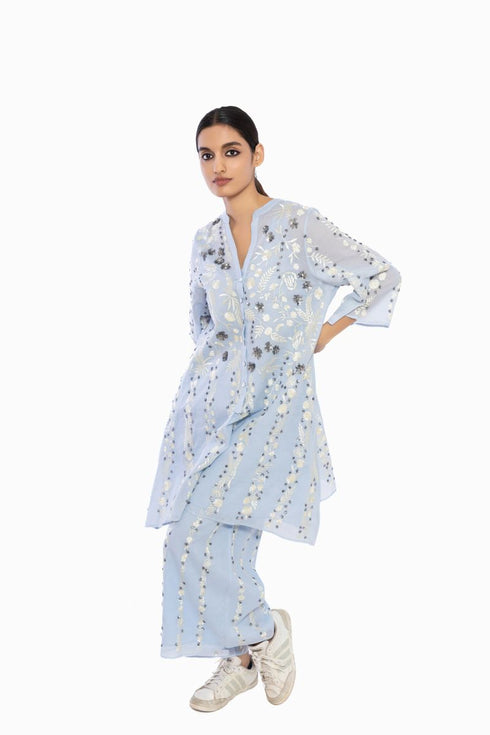 Sky blue thread embroidered handloom cotton tunic