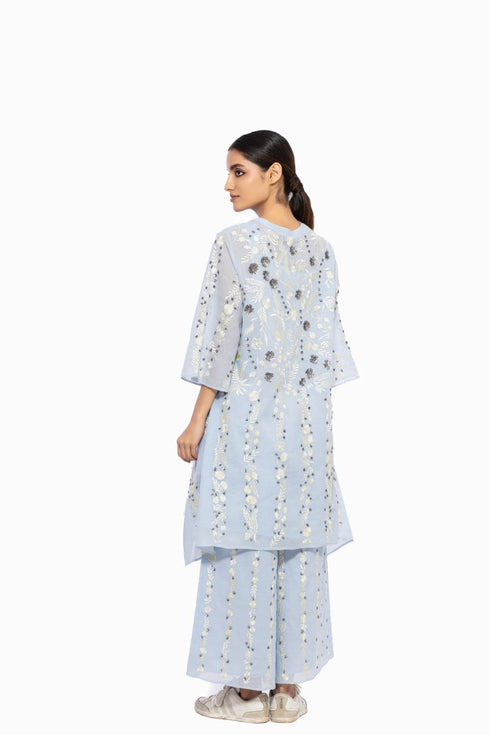 Sky blue thread embroidered handloom cotton tunic