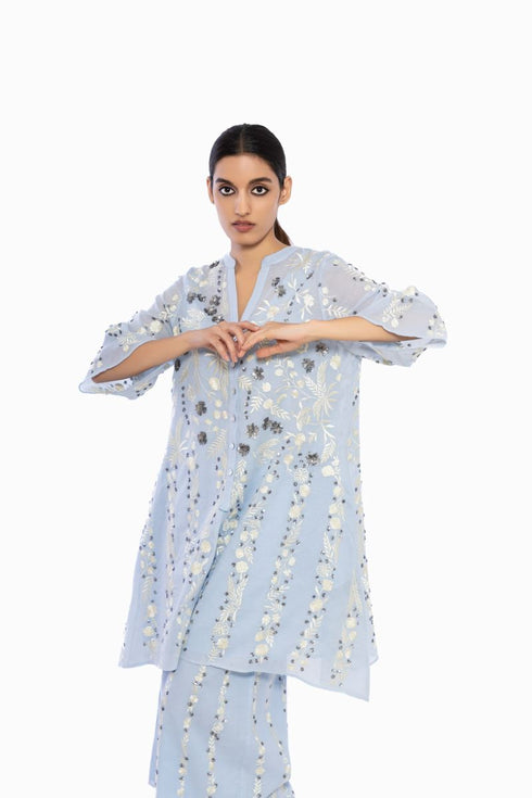 Sky blue thread embroidered handloom cotton tunic