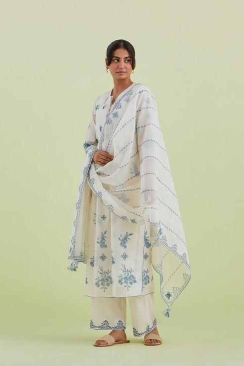 Sneha blue and off-white pintuck straight kurta set
