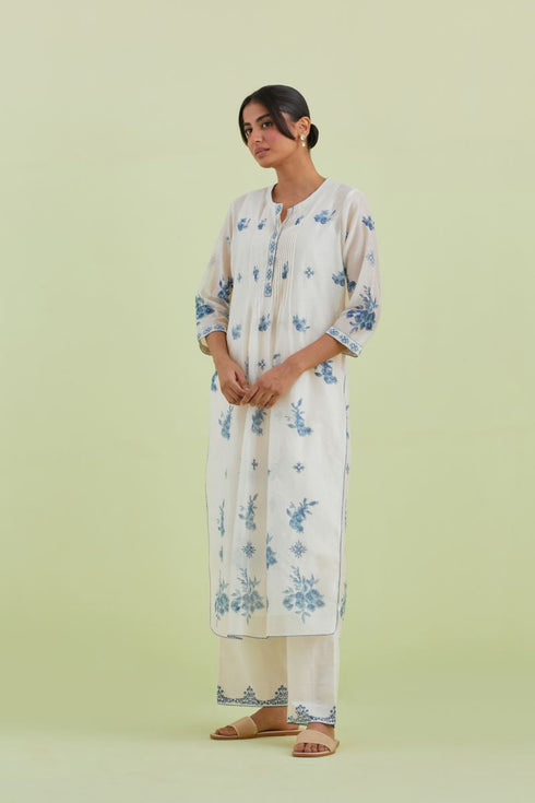Sneha blue and off-white pintuck straight kurta set