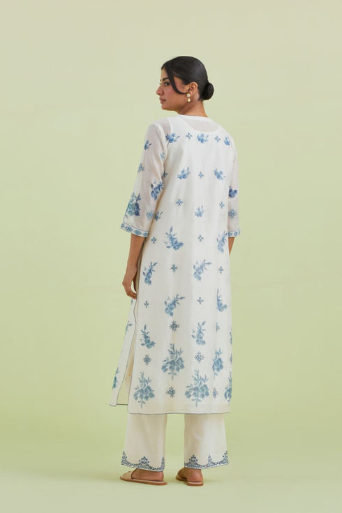 Sneha blue and off-white pintuck straight kurta set