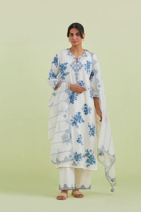 Sneha blue and off-white printed straight long kurta set
